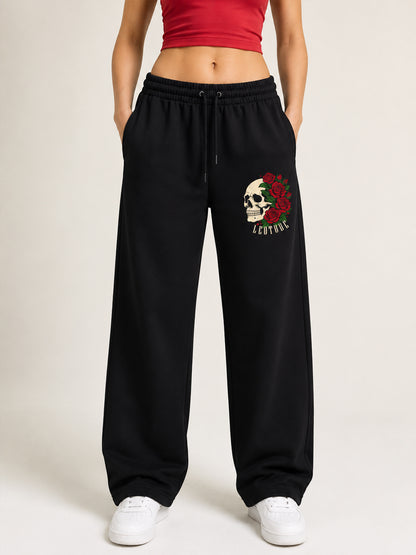 Leotude Women's Black Skull Rose Premium Trackpants