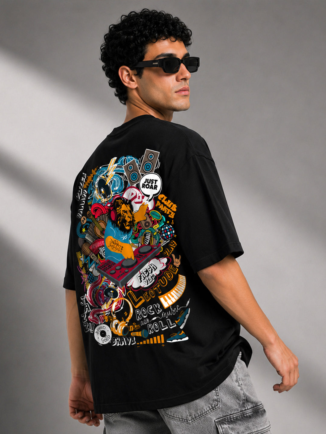 Leotude Black DJ Leo Printed Oversized Tshirt for Men