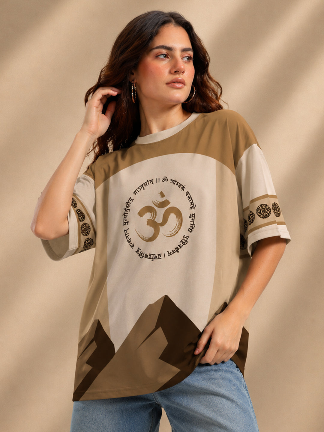 Leotude Women's Beige Mahadev Printed T-Shirt