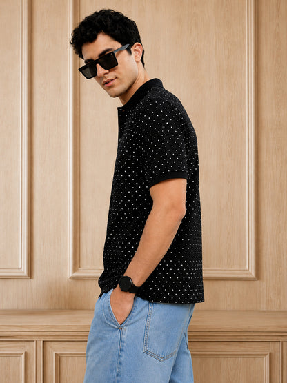 Leotude Men's Black Polka Dot Printed Polo T-Shirt