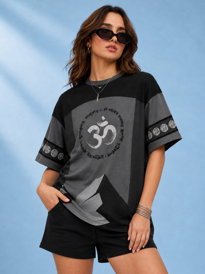Leotude Women's Black Grey Mahadev Printed T-Shirt
