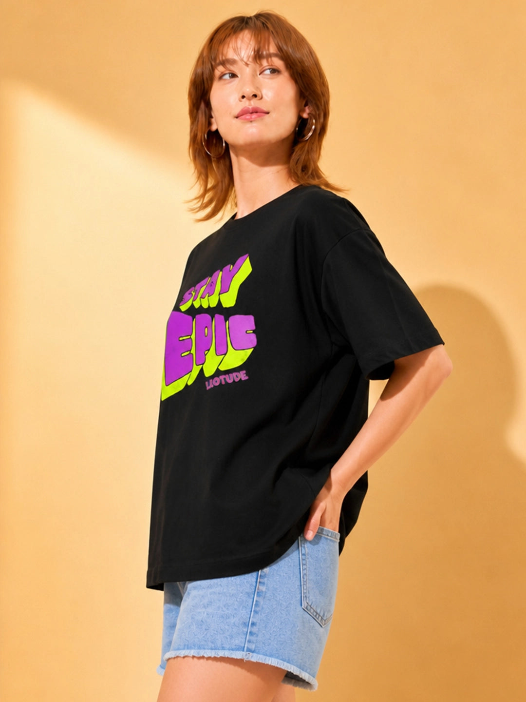 Leotude Black Stay Epic Printed Oversized Tshirt for Women