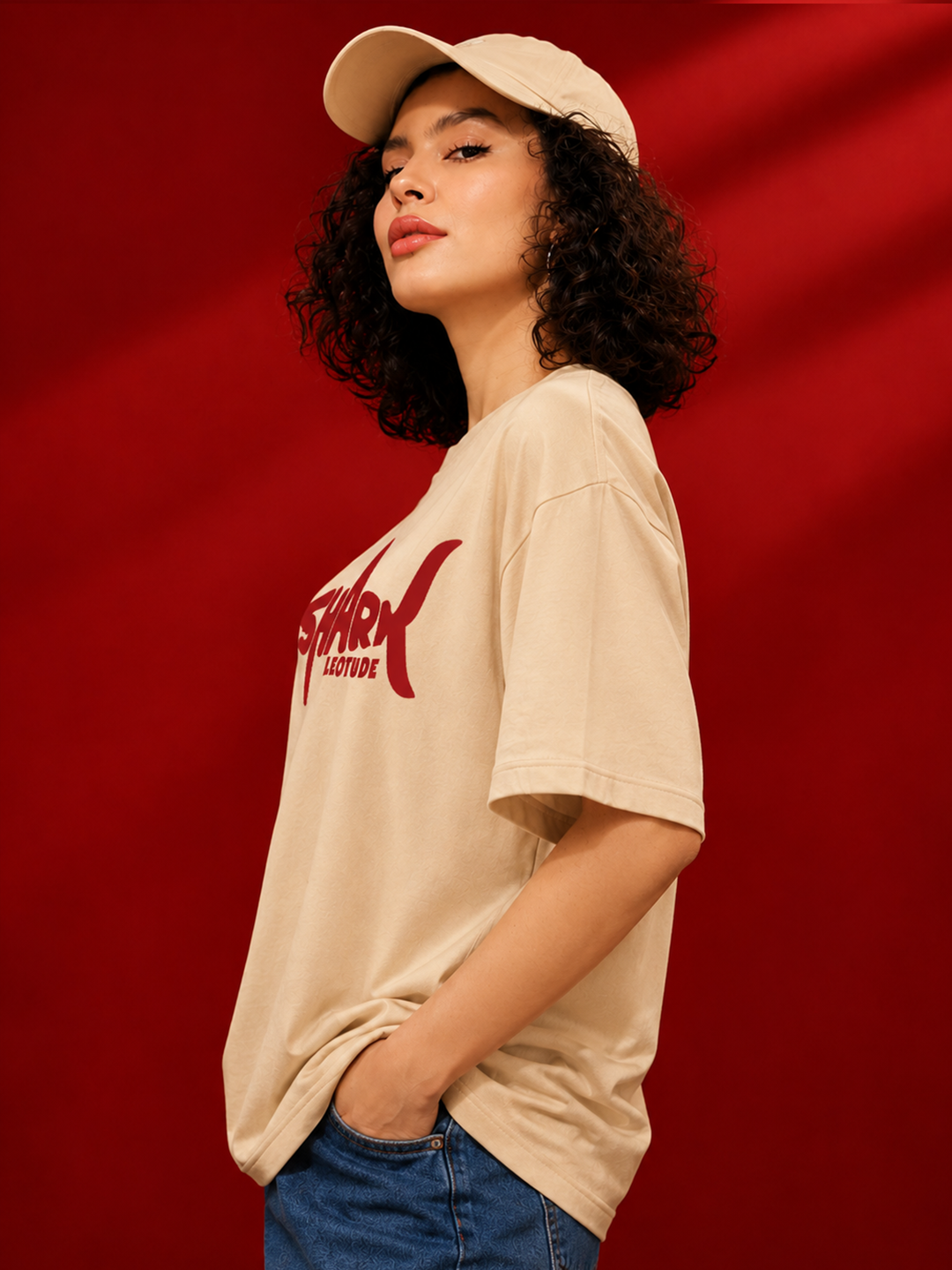 Leotude Beige Shark Printed Oversized Tshirt for Women
