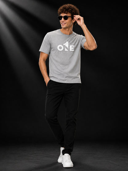 Leotude Men's Grey Melange One Printed T-Shirt