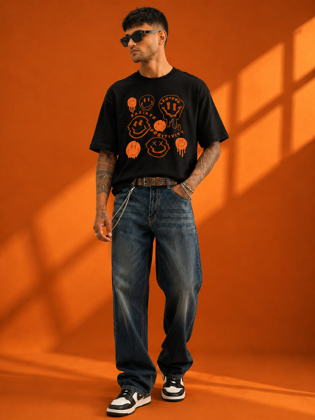 Leotude Black Emoji Printed Oversized Tshirt for Men