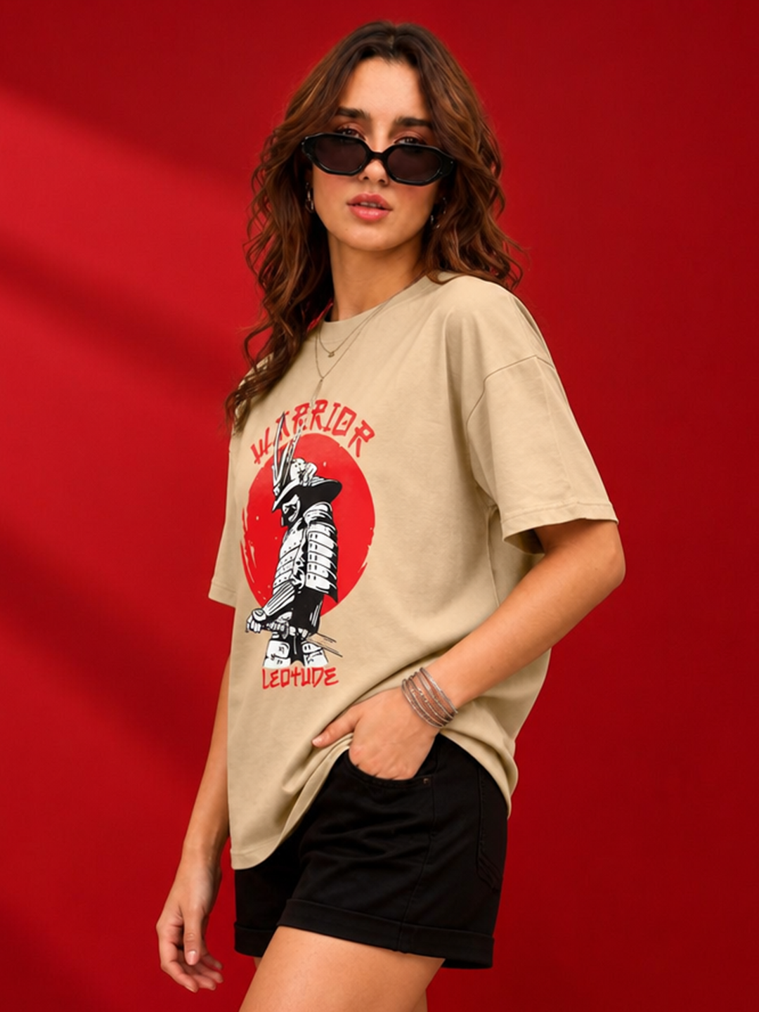 Leotude Beige Warrior Printed Oversized Tshirt for Women