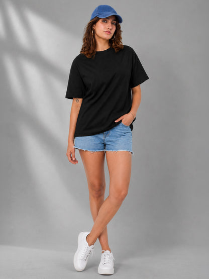 Leotude Oversized Plain T-Shirt — Women's Solid Cotton Drop-Shoulder Tee - Black