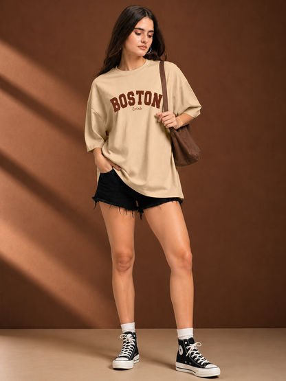 Leotude Beige Boston Printed Oversized Tshirt for Women