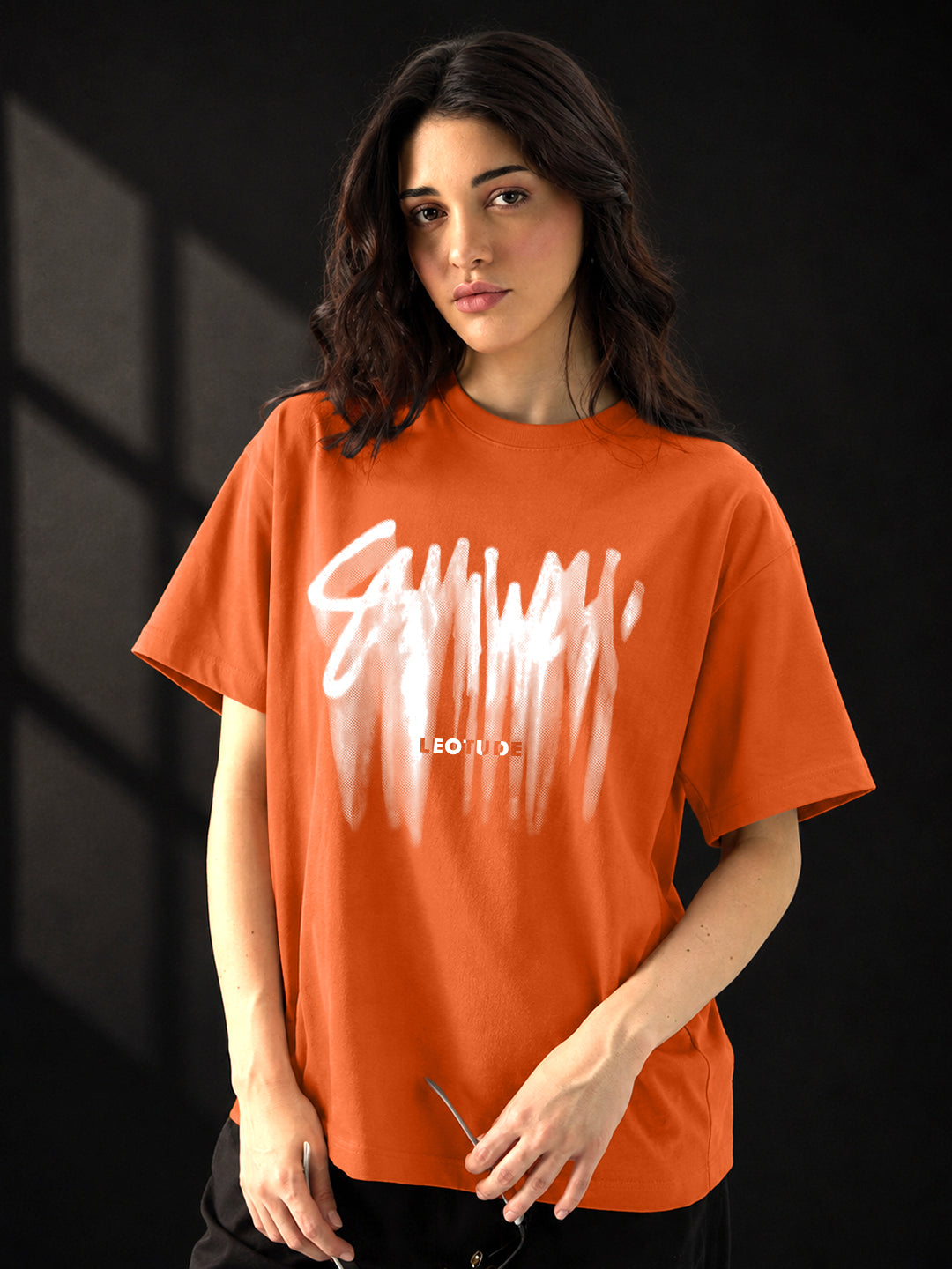 Leotude Orange Sumwon Printed Oversized Tshirt for Women
