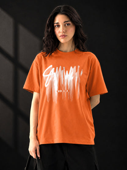 Leotude Orange Sumwon Printed Oversized Tshirt for Women