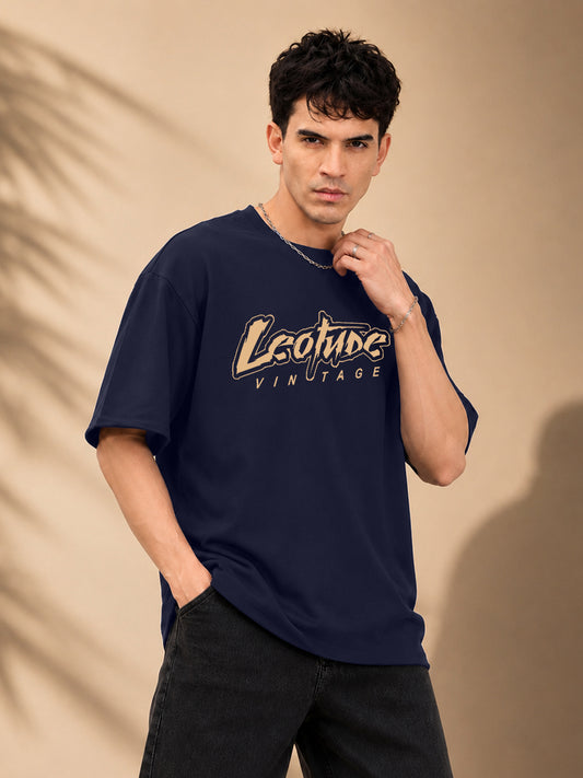 Leotude Men "Vintage" Printed Oversized T-Shirt — Navy Blue Streetwear Tee