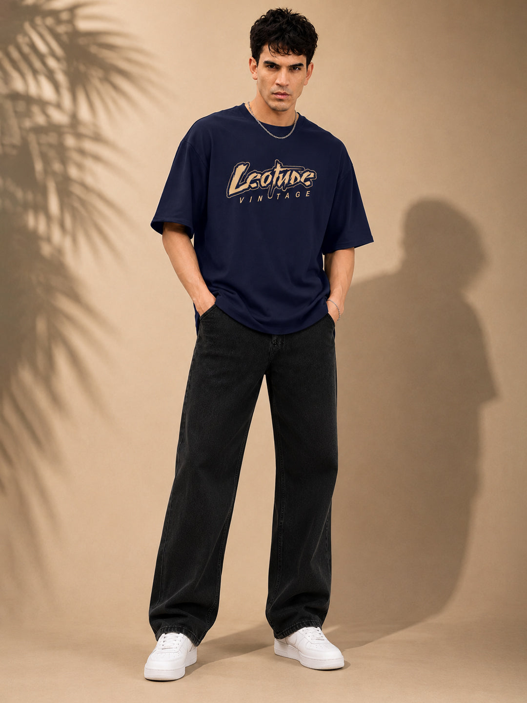 Leotude Men "Vintage" Printed Oversized T-Shirt — Navy Blue Streetwear Tee