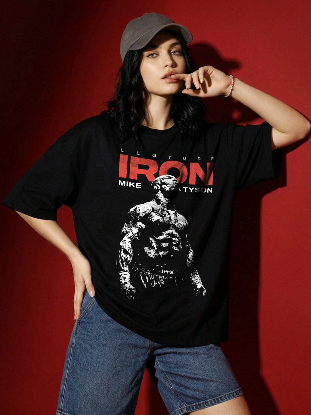 Leotude Women's Mike Tyson Iron Graphic Printed Black Oversized T-Shirt