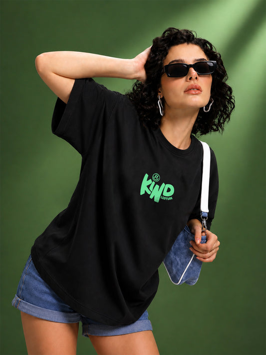 Leotude Black Kind Printed Oversized Tshirt for Women