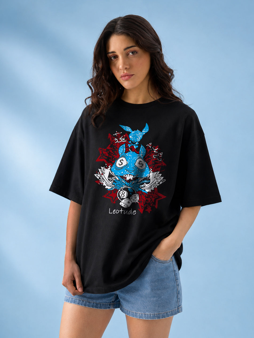 Leotude Black Rabbit Printed Oversized Tshirt for Women