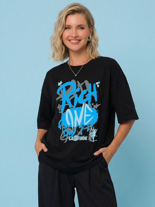 Leotude Black Rich Printed Oversized Tshirt for Women