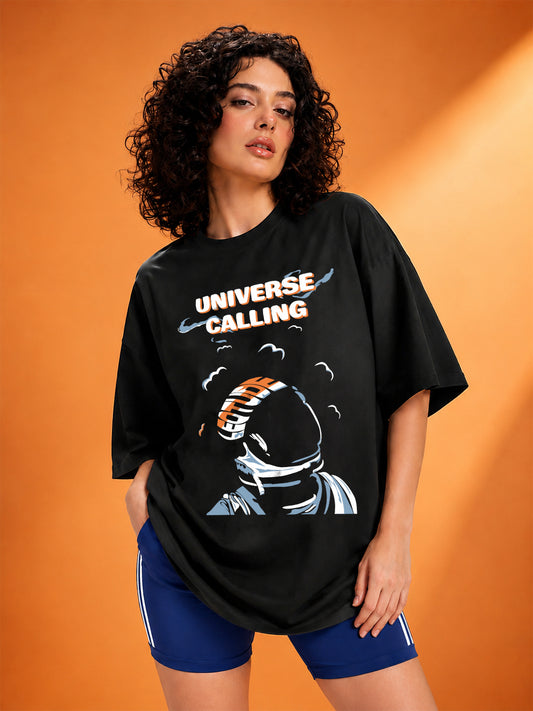 Leotude Black Universe Printed Oversized Tshirt for Women