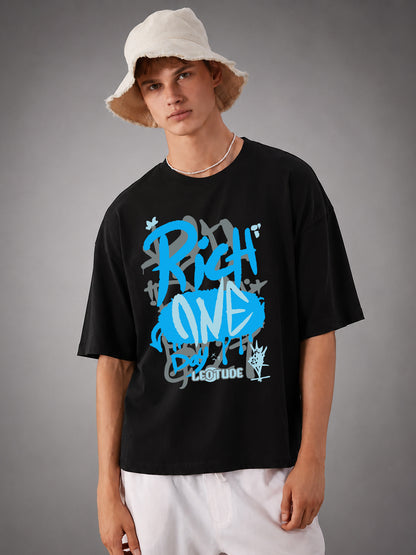 Leotude Men's "Rich One Day" Printed Oversized T-Shirt — Black Streetwear Tee