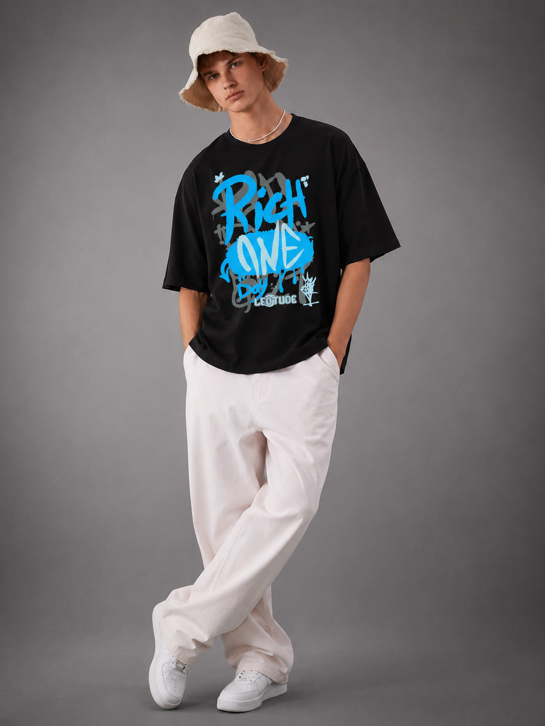 Leotude Men's "Rich One Day" Printed Oversized T-Shirt — Black Streetwear Tee