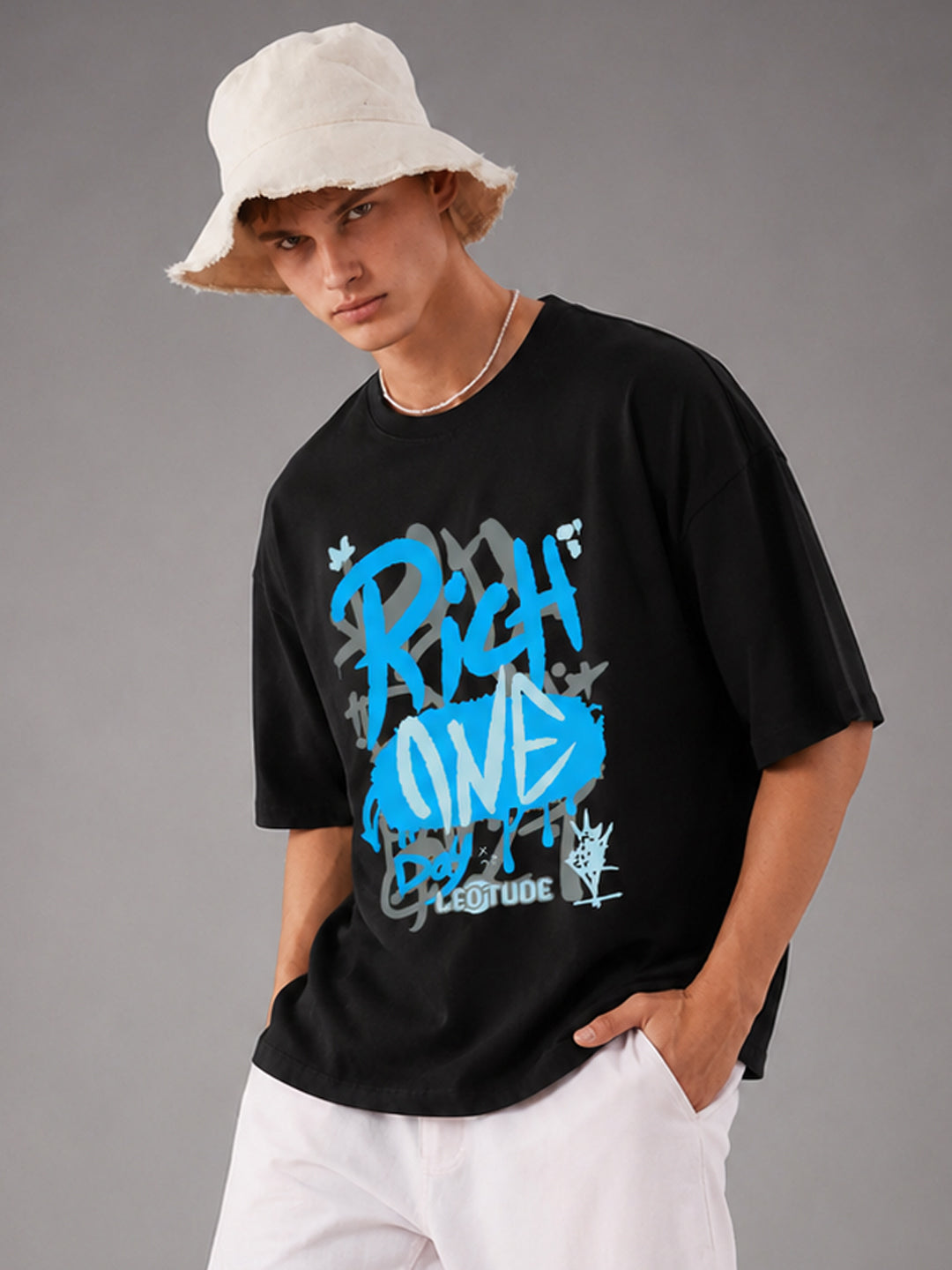 Leotude Men's "Rich One Day" Printed Oversized T-Shirt — Black Streetwear Tee