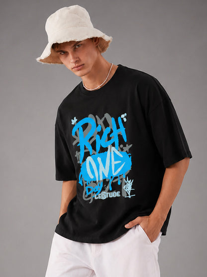 Leotude Men's "Rich One Day" Printed Oversized T-Shirt — Black Streetwear Tee