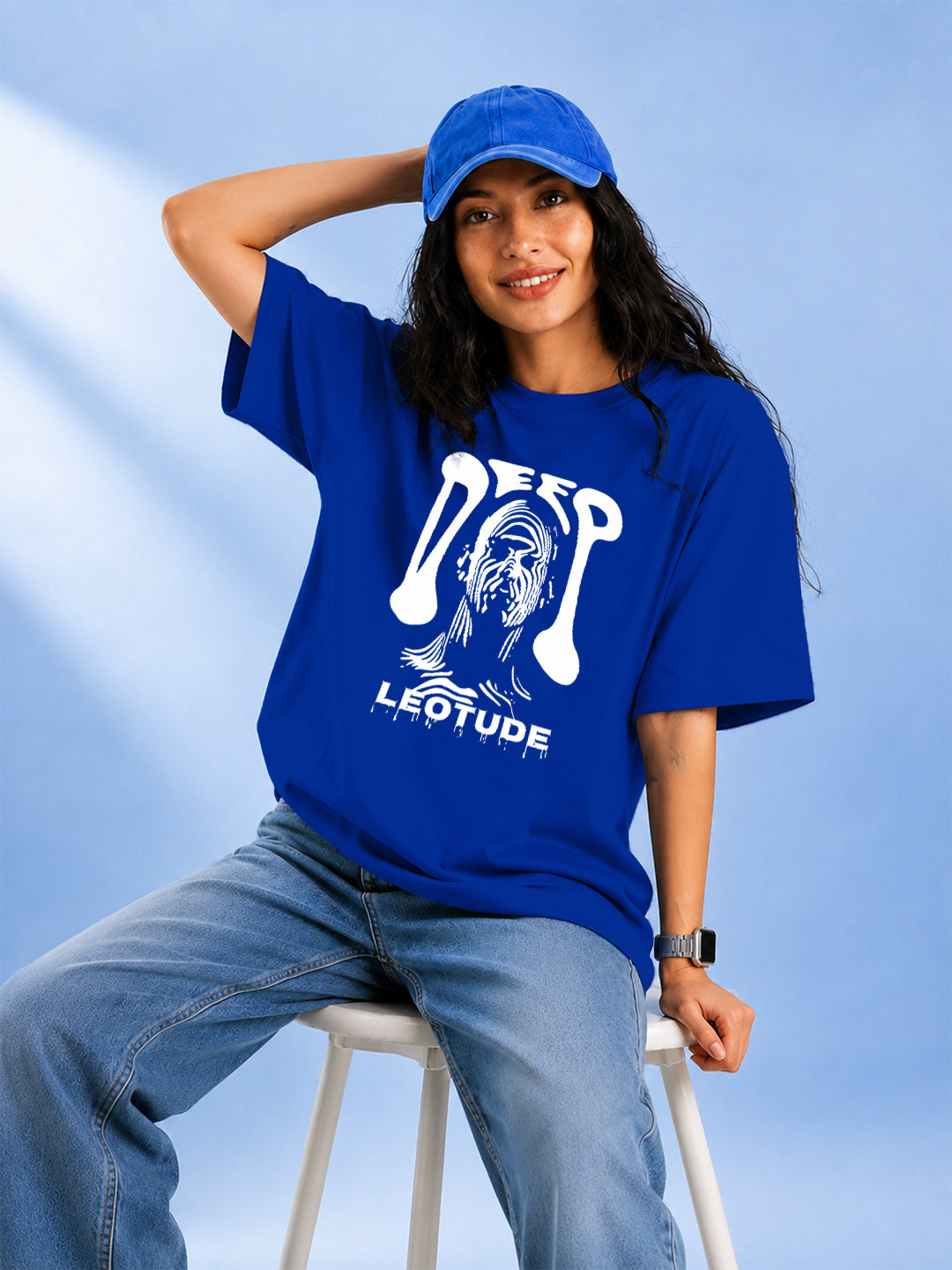 Leotude Blue Deep Printed Oversized Tshirt for Women