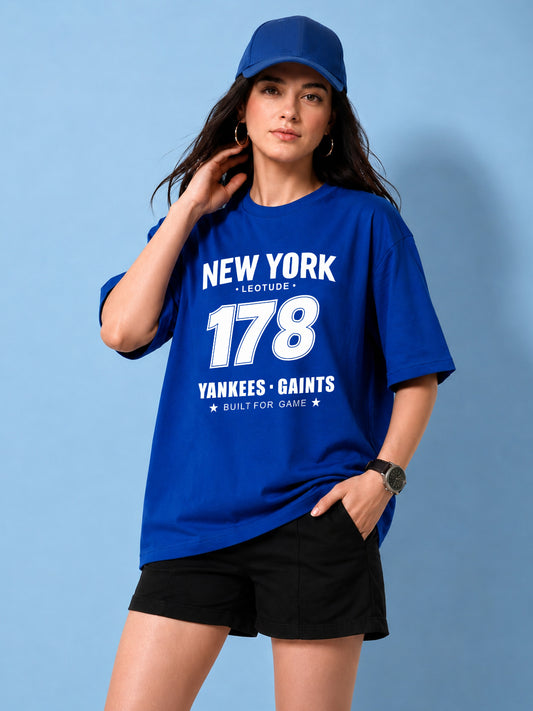 Leotude Blue New York 178 Printed Oversized Tshirt for Women