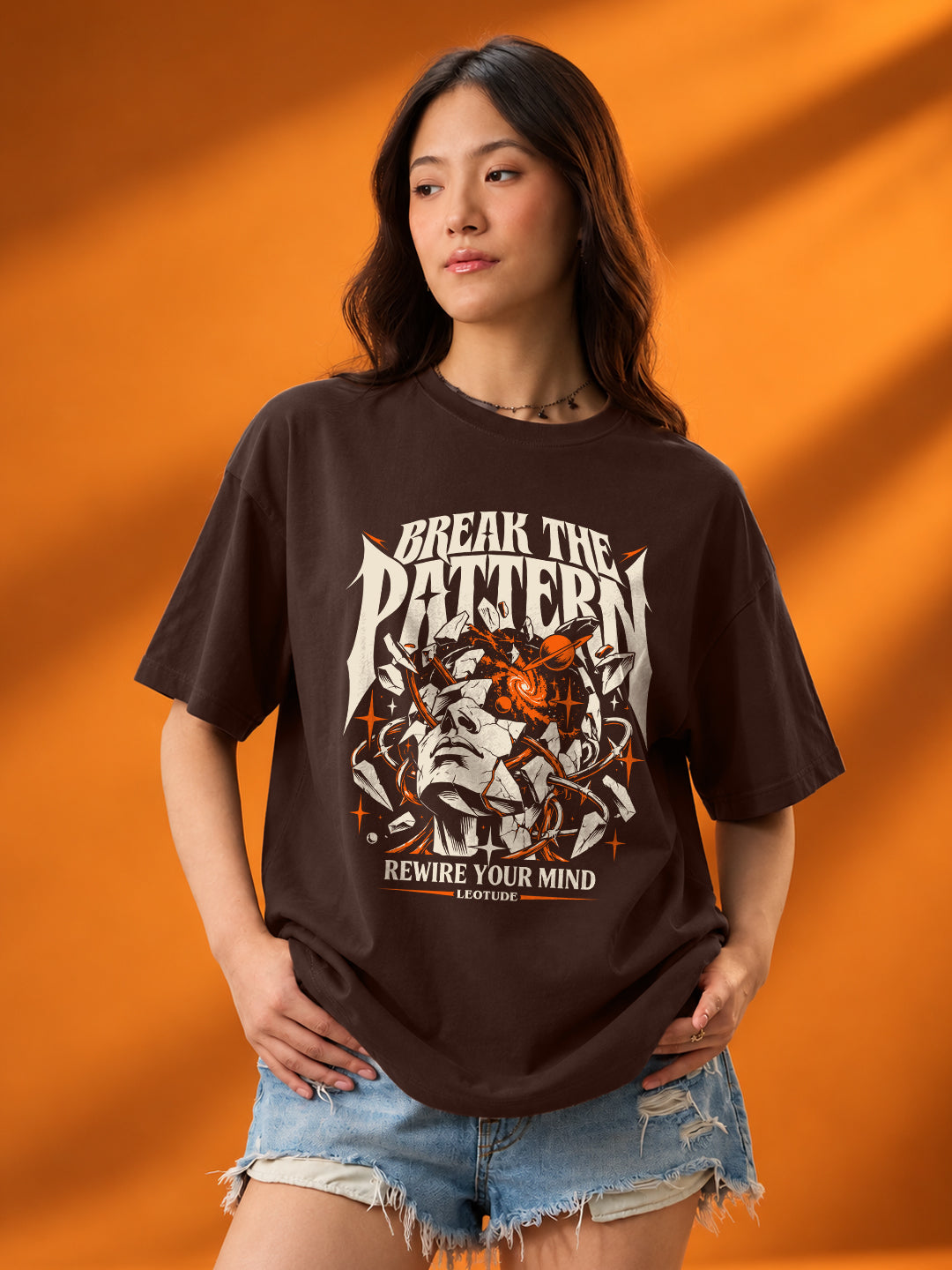 Leotude Women "Break The Pattern" Brown Oversized T-Shirt
