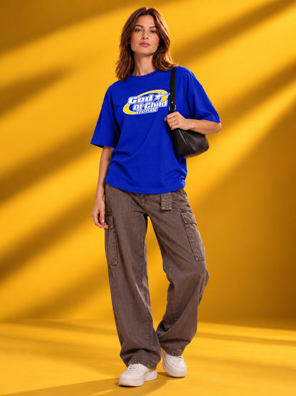 Leotude Women "God Of Child" Royal Blue Oversized T-Shirt