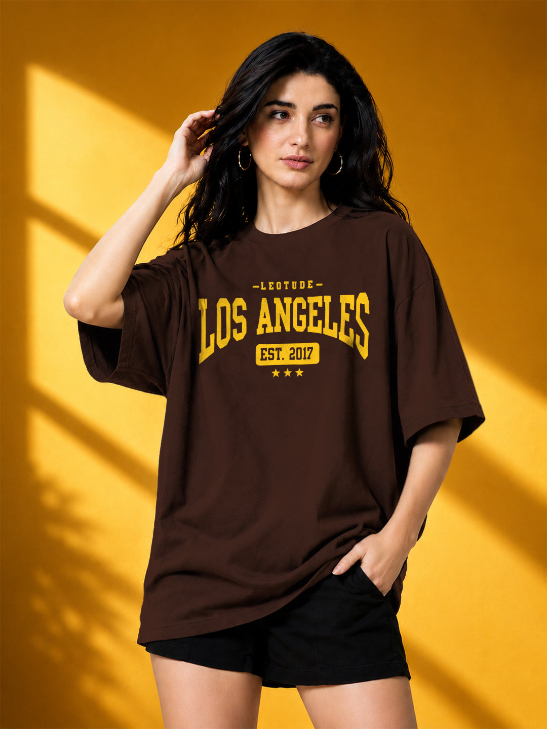 Leotude Brown Los Angeles Printed Oversized Tshirt for Women