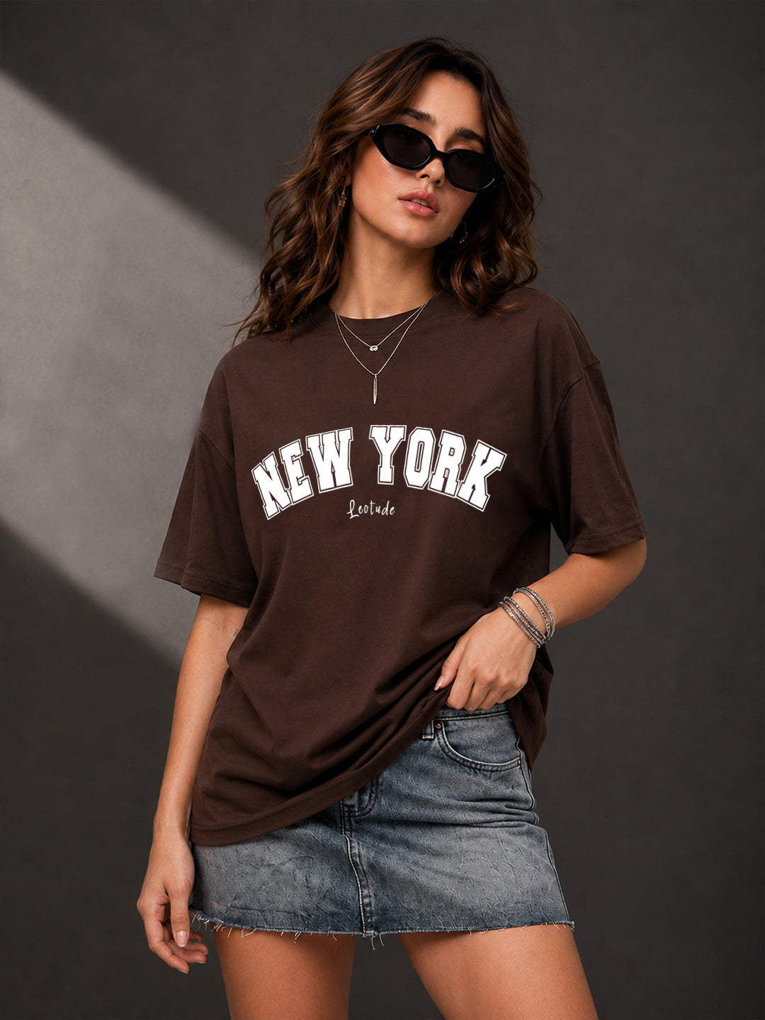 Leotude Brown New York Printed Oversized Tshirt for Women