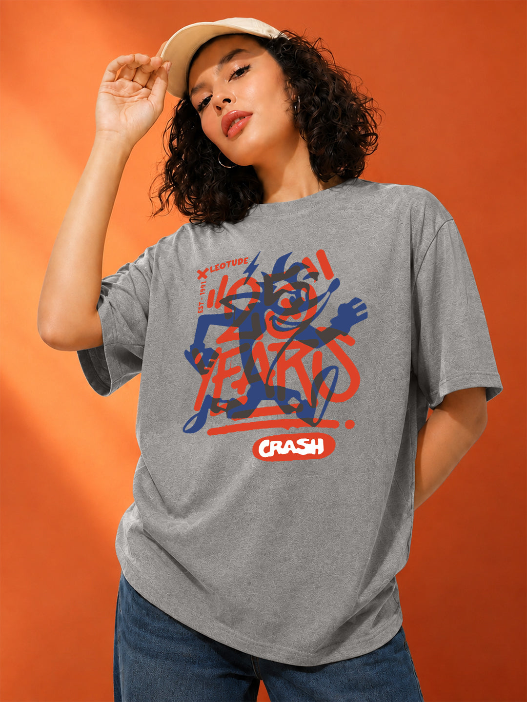 Leotude Women's Crash Graffiti Printed Grey Oversized T-Shirt