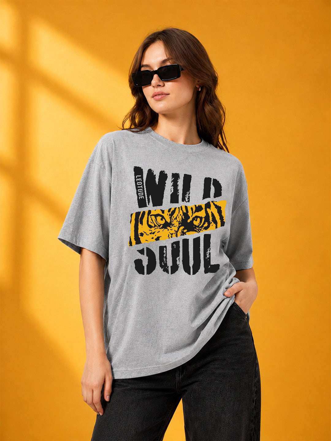 Leotude Grey Wild Soul Printed Oversized Tshirt for Women