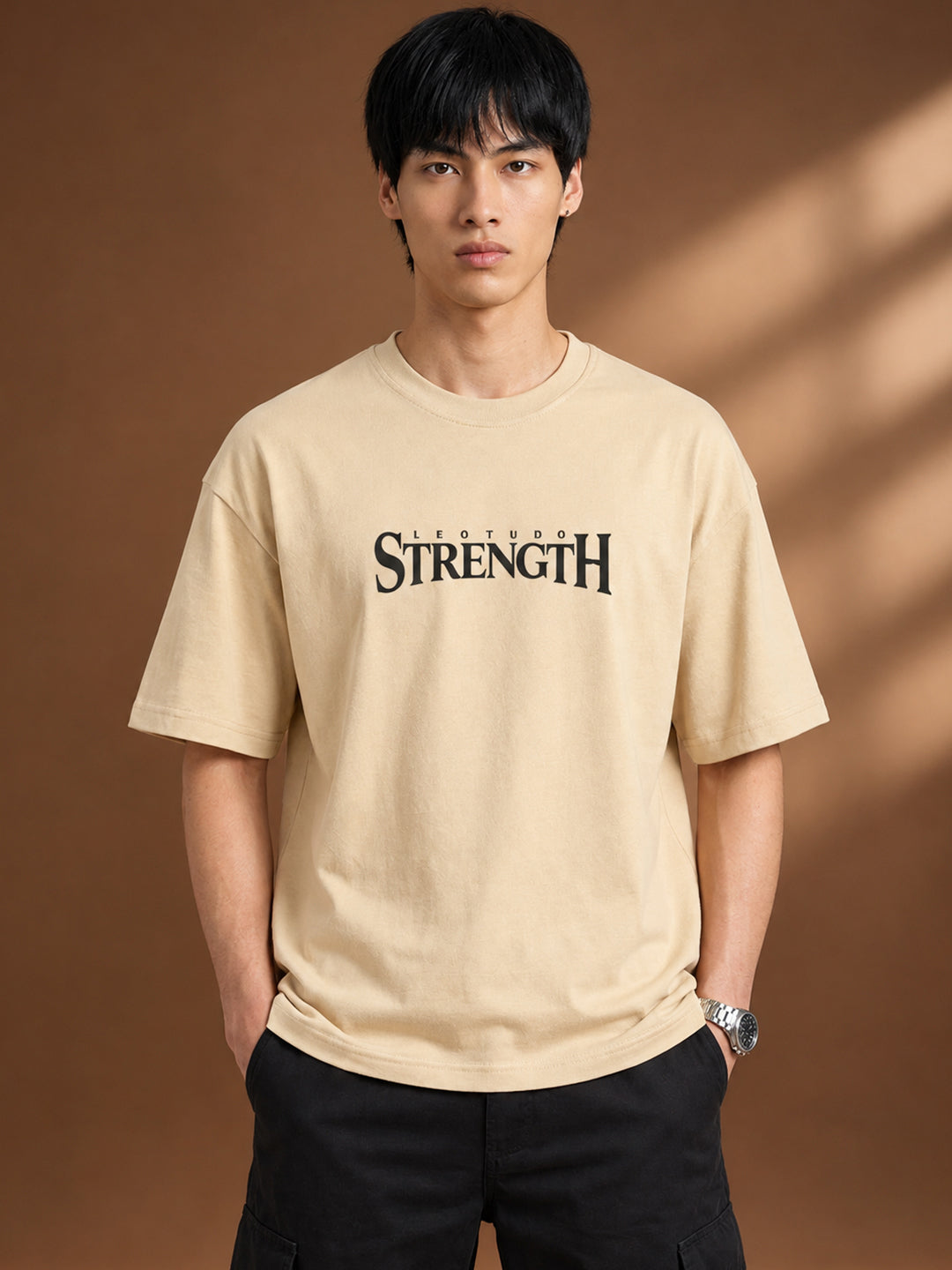 Leotude Men "Limitless Strength" Beige Oversized T-Shirt