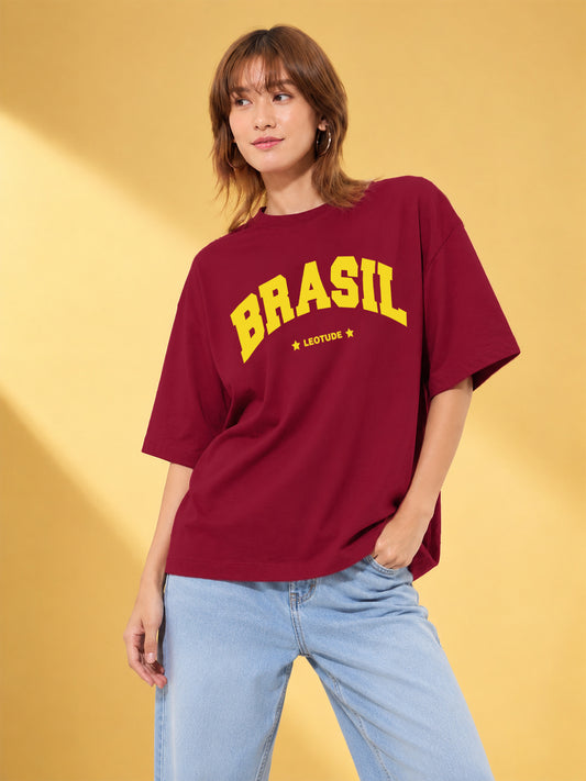 Leotude Maroon Brasil Printed Oversized Tshirt for Women