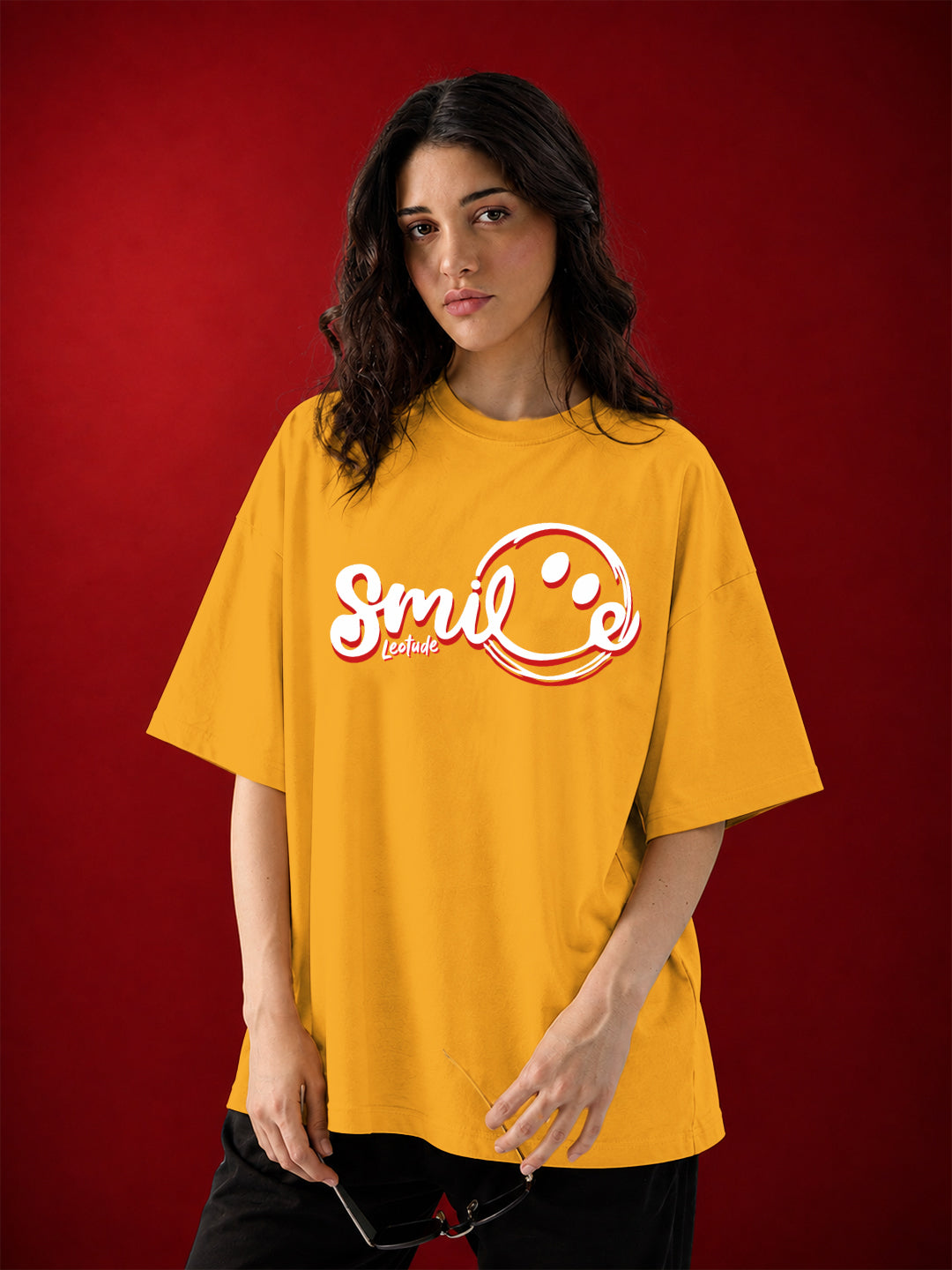 Leotude Mustard Smile Printed Oversized Tshirt for Women