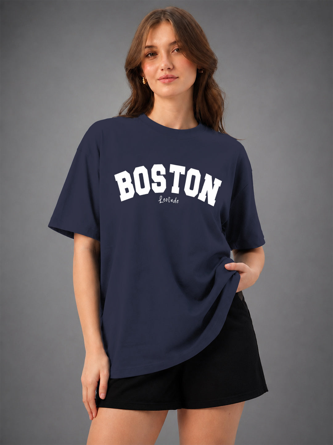 Leotude Navy Boston Printed Oversized Tshirt for Women