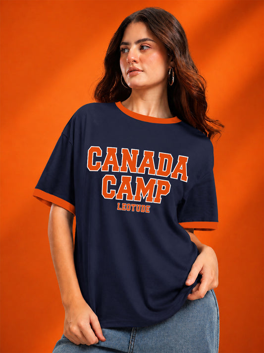 Leotude Navy Canada Camp Printed Oversized Tshirt for Women