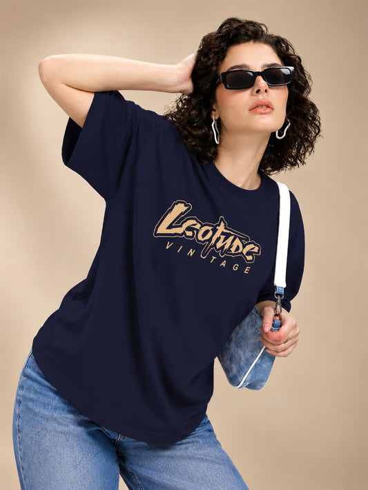 Leotude Navy Vintage Printed Oversized Tshirt for Women