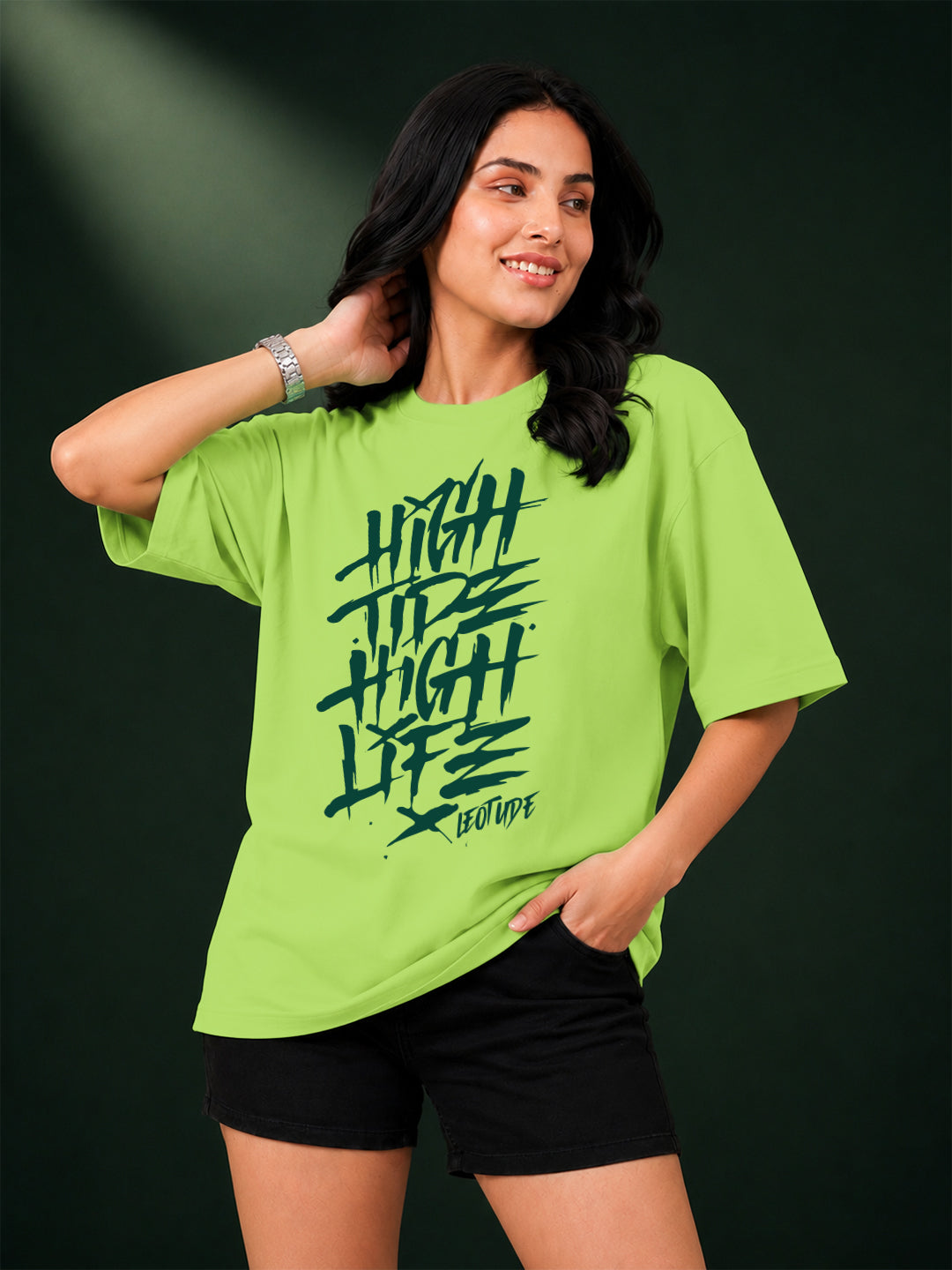 Leotude Neon High Tide High Life Printed Oversized Tshirt for Women