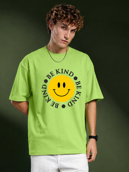 Leotude Men's "Be Kind" Smiley Print Oversized T-Shirt — Neon Green Streetwear Tee