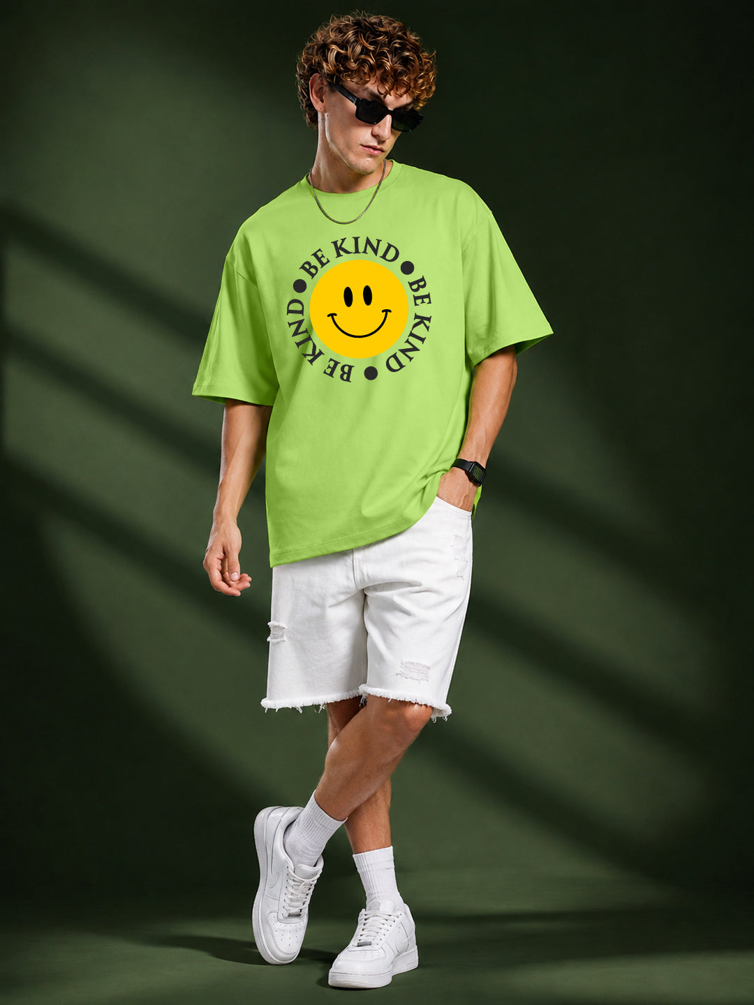 Leotude Men's "Be Kind" Smiley Print Oversized T-Shirt — Neon Green Streetwear Tee