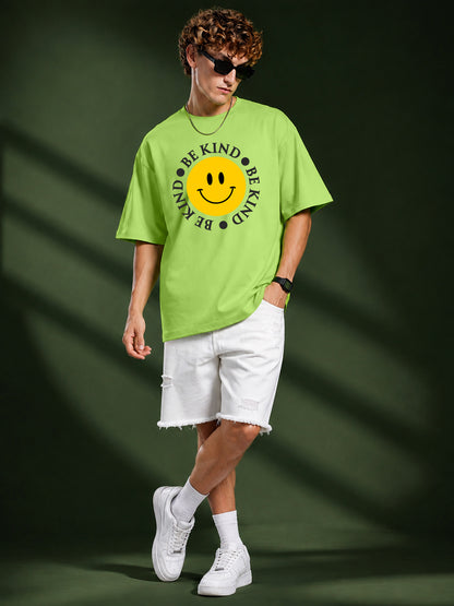 Leotude Men's "Be Kind" Smiley Print Oversized T-Shirt — Neon Green Streetwear Tee