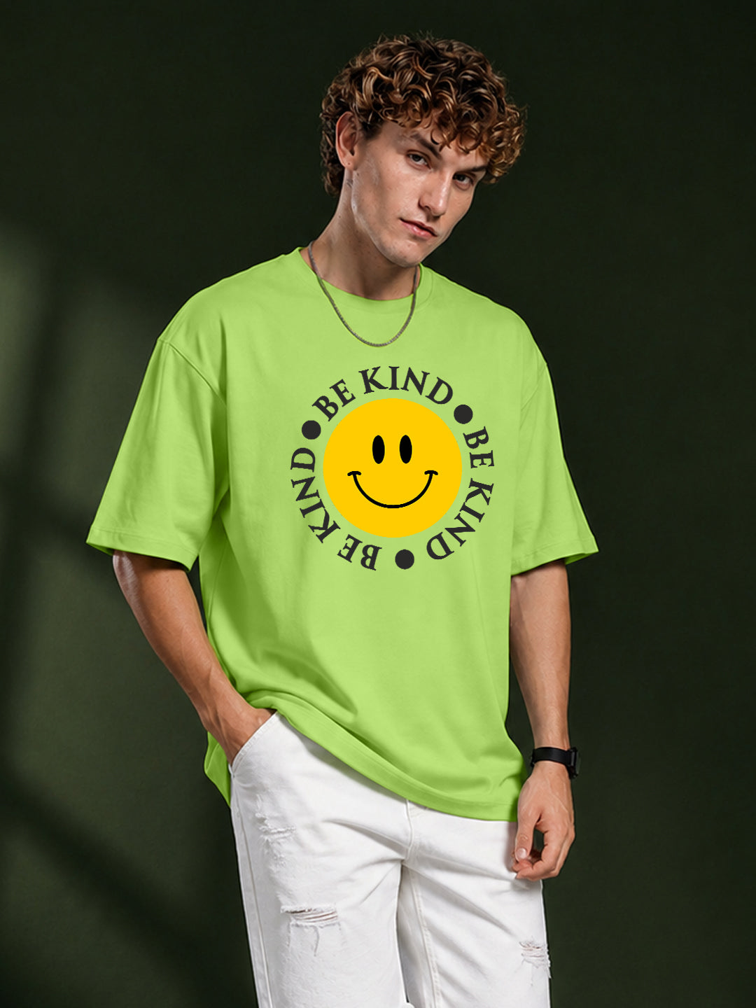 Leotude Men's "Be Kind" Smiley Print Oversized T-Shirt — Neon Green Streetwear Tee