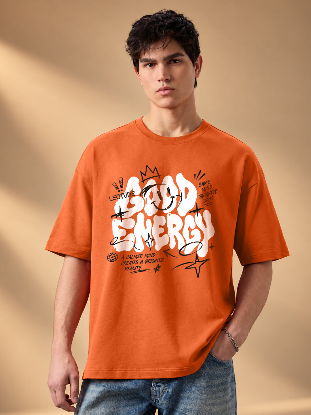 Leotude Men "Good Energy" Orange Oversized T-Shirt