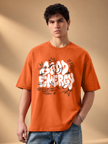 Leotude Men "Good Energy" Orange Oversized T-Shirt