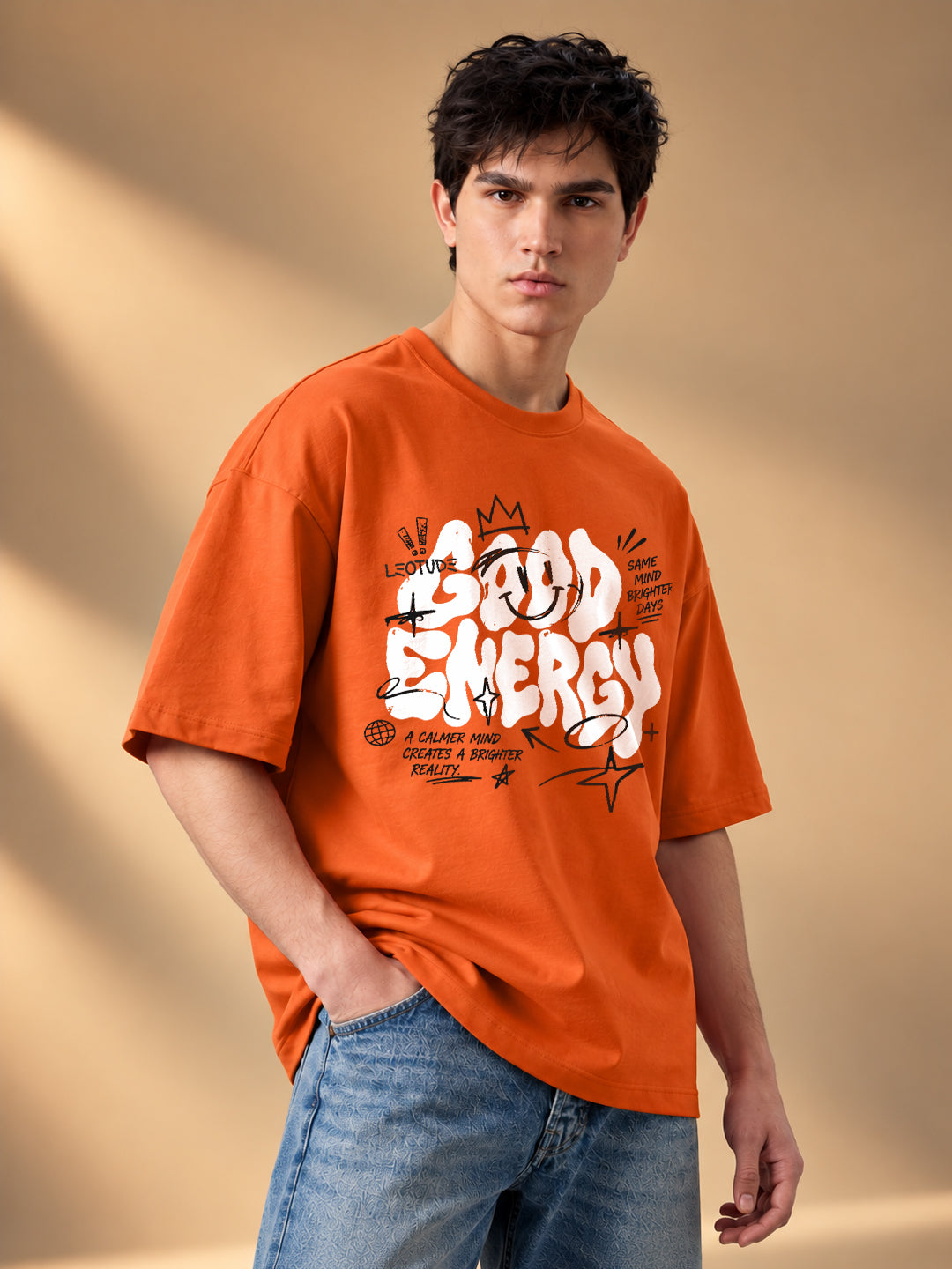 Leotude Men "Good Energy" Orange Oversized T-Shirt
