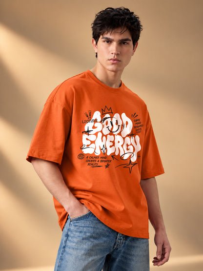 Leotude Men "Good Energy" Orange Oversized T-Shirt
