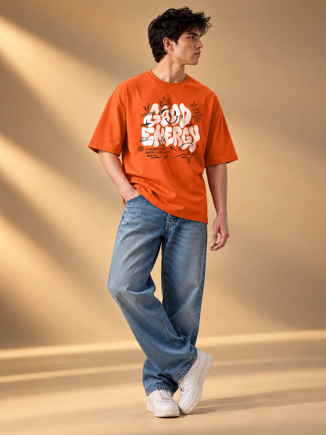 Leotude Men "Good Energy" Orange Oversized T-Shirt