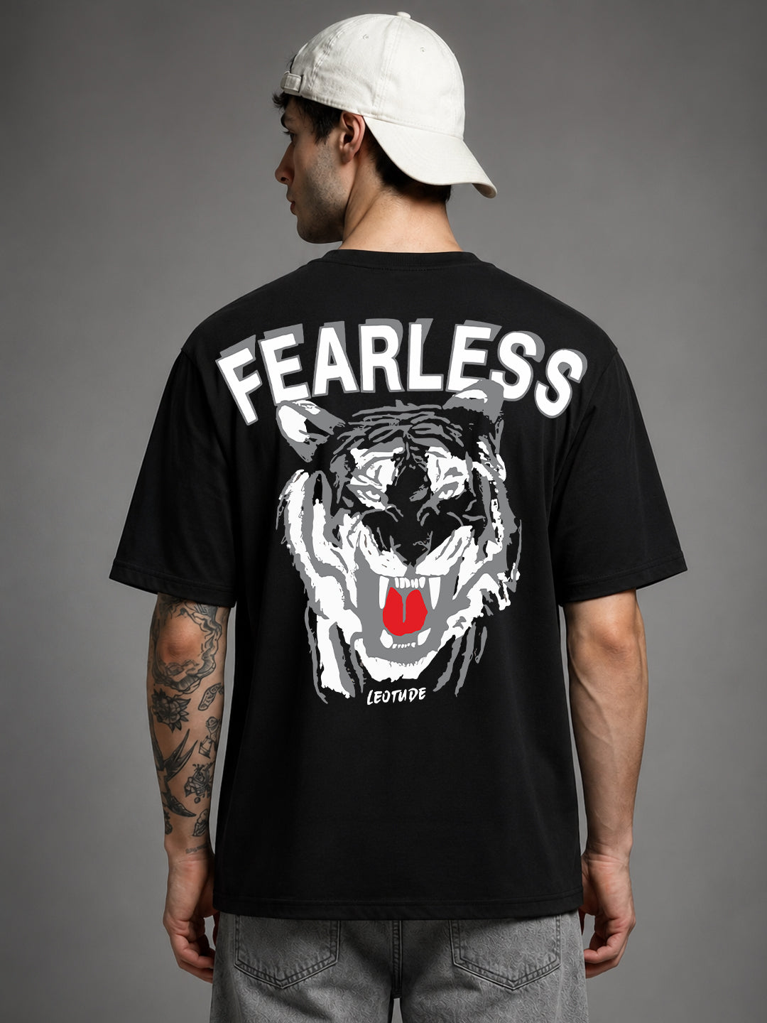 Leotude Black Fearless Printed Oversized Tshirt for Men